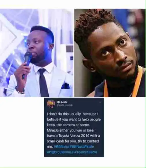 #BBNaija: MC Ajele Promised Miracle 2014 Venza With Cash